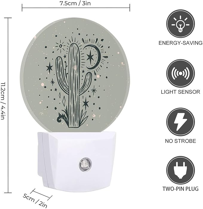 Round LED Night Light, Wild Cactus Desert Arizona Vintage LED Night Light Plug - Image 3