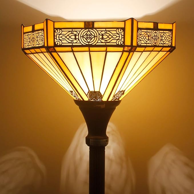 WERFACTORY Tiffany Floor Lamp Yellow Hexagon Stained Glass Mission Light - Image 4