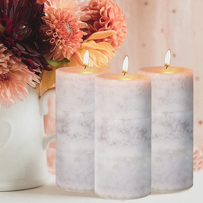 3x6 inch Pillar Candles Cozy Cotton Scented Set of 3 Gray White Layered Mottled - Image 8