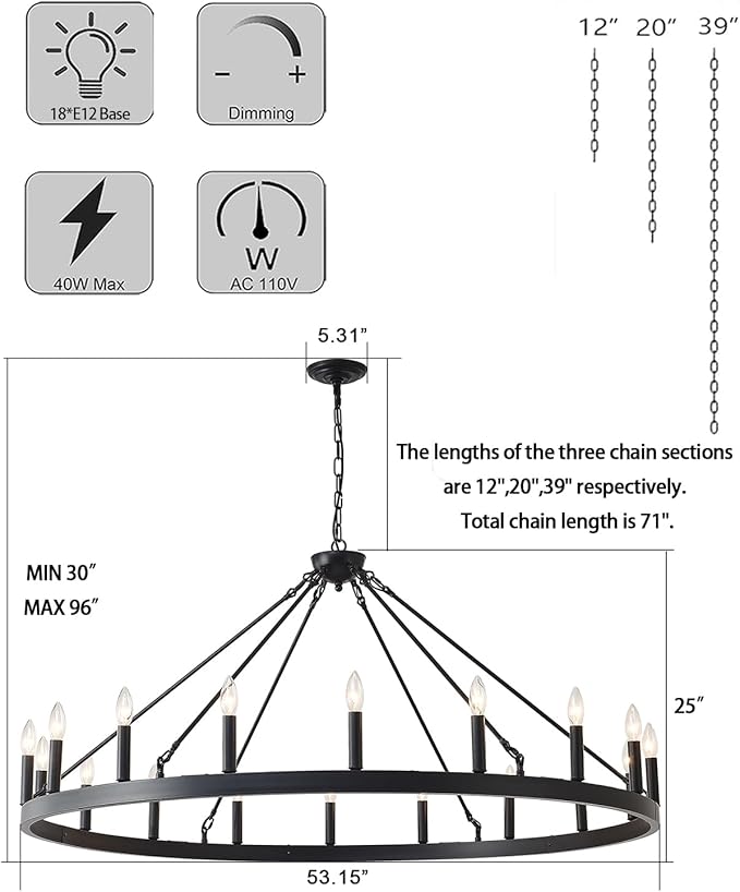 53 Inch Large Black Wagon Wheel Chandelier 18-Light Farmhouse Wagon Wheel - Image 6