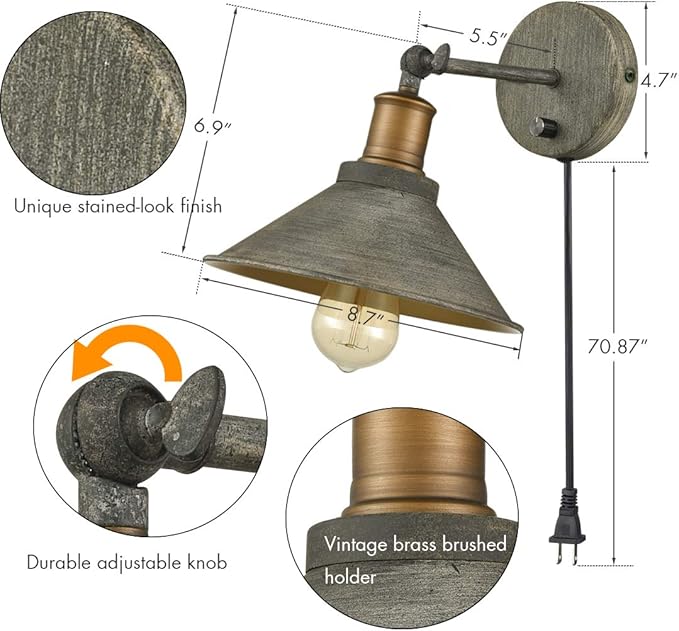 Vintage Farmhouse Wall Sconces Hardwired or Plug-in Bedroom Bath Wall Lamps Set - Image 4