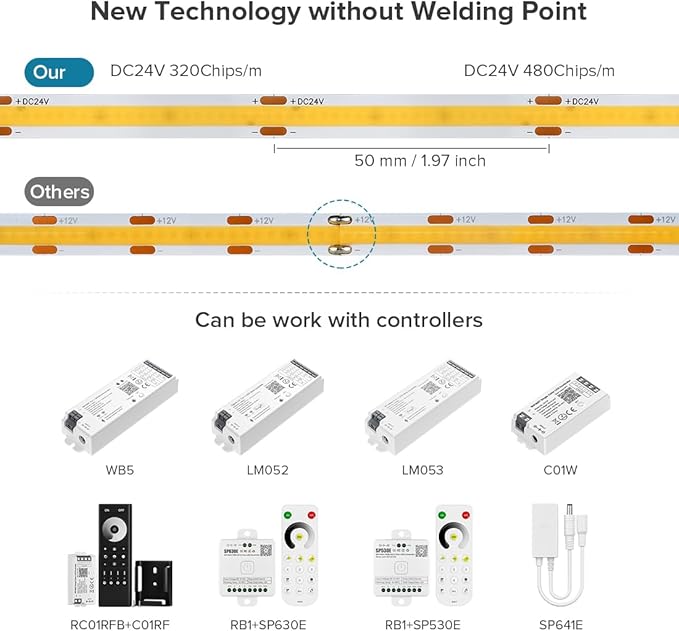 16.4FT COB LED Strip Light DC24V Warm White Flexible High Density Uniform - Image 6