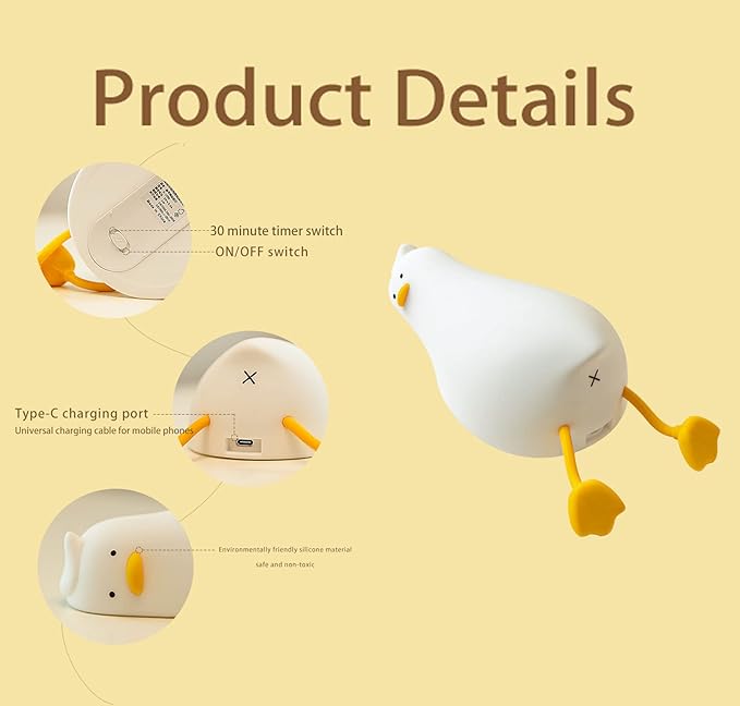 HAPPYBAG LED Lying Flat Duck Night Light, 3 Level Dimmable Nursery Nightlight - Image 6