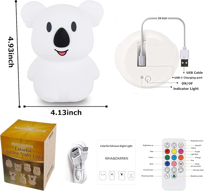 WHA&DARREN Koala Night Light for Kids, Silicone Bedside Lamp, Baby Nursery Light - Image 8
