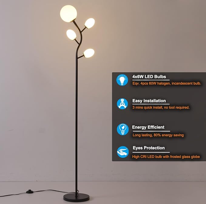 Fiqevs 4 Globe Floor Lamp with 2700K Warm Light LED Bulbs Included, Mid Century - Image 2