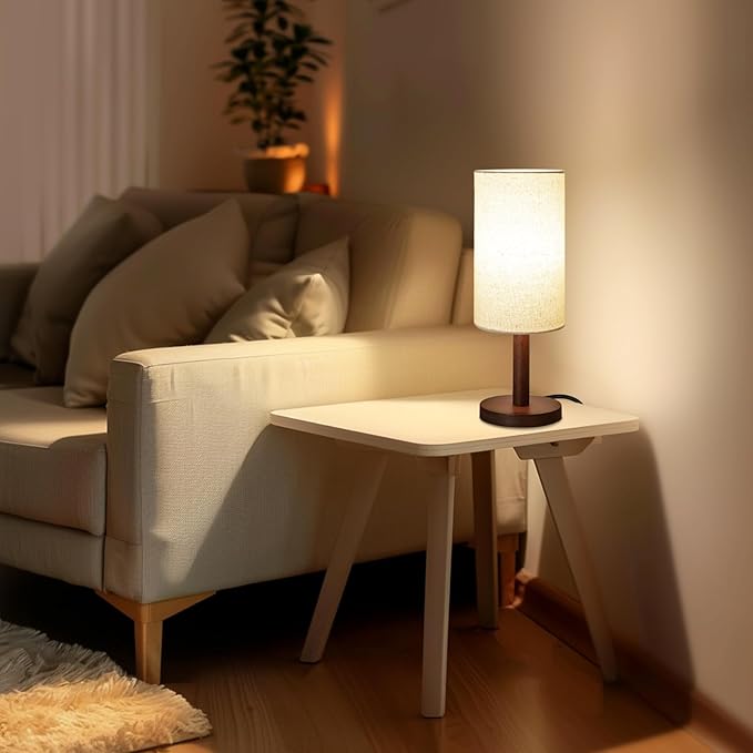 Small Table Lamp for Bedroom, Nightstand Lamp Linen Lampshade Bedroom Wood Base - Image 3