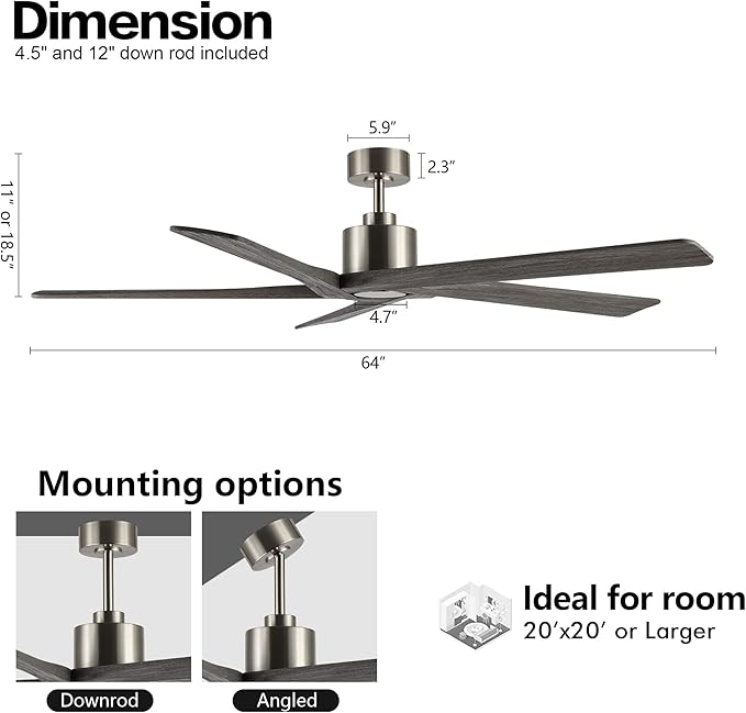 WINGBO 64 Inch DC Ceiling Fan without Lights, 5 Reversible Carved Solid Wood - Image 3
