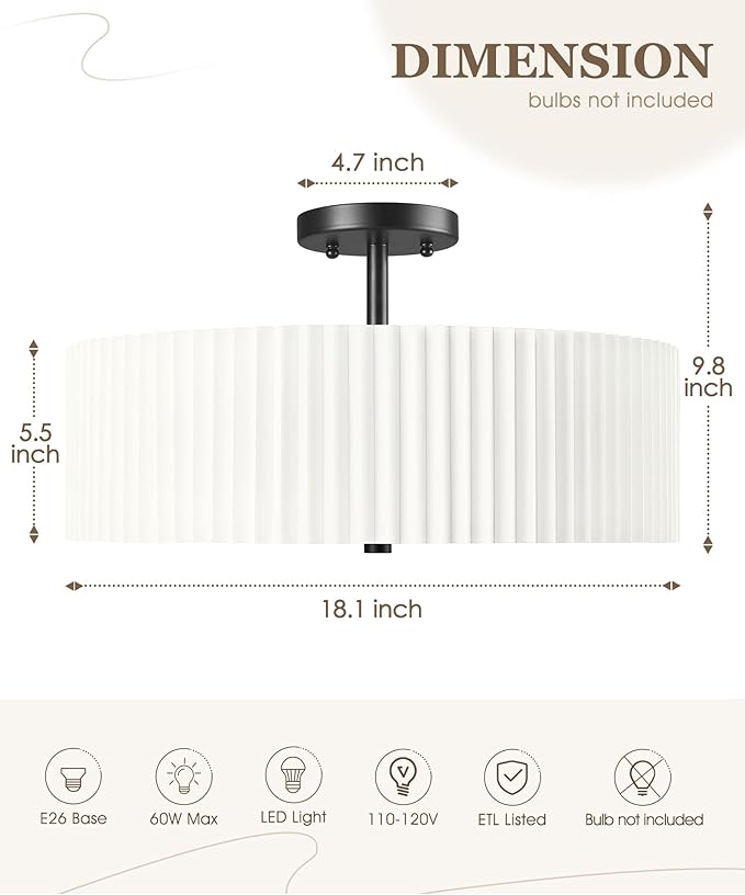 Semi Flush Mount Ceiling Lights, 4-Light 18" Matte Black Ceiling Light Fixture - Image 2