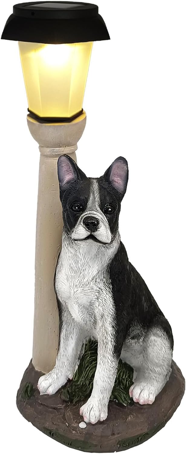 Solar Dog Garden Statues with Lantern, Resin Boston Terrier Sculpture with Warm by BAYN
