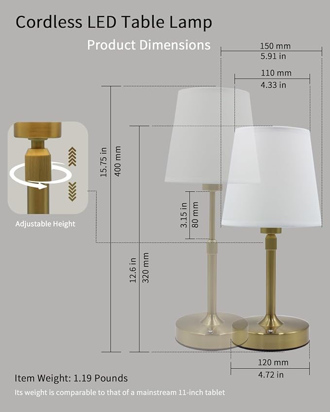 Cordless Table Lamp Rechargeable Touch Gold Mini Small Lamp Adjustable Height - Image 6