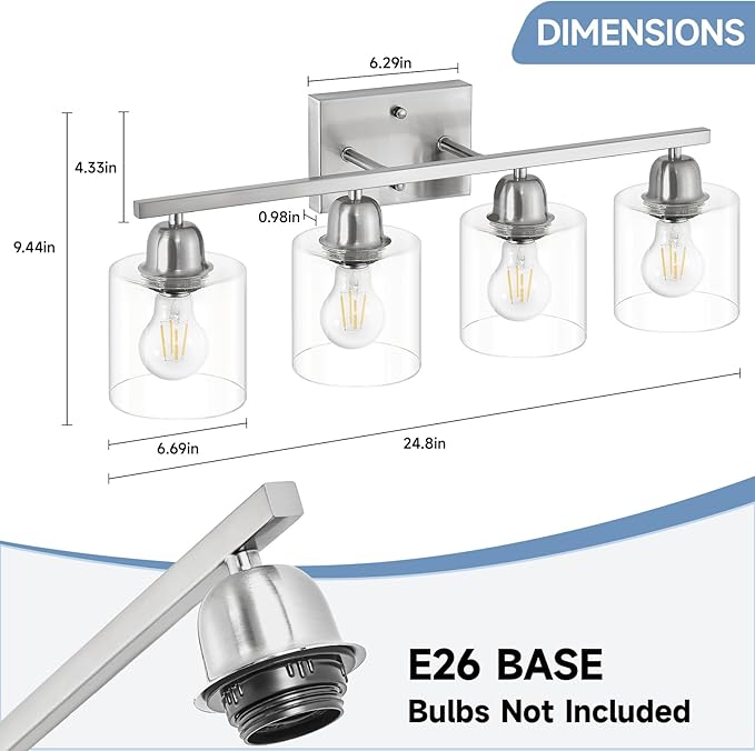 Modern Brushed Nickel 4 Light Bathroom Light Fixtures, 24 inch Vanity Lights - Image 2