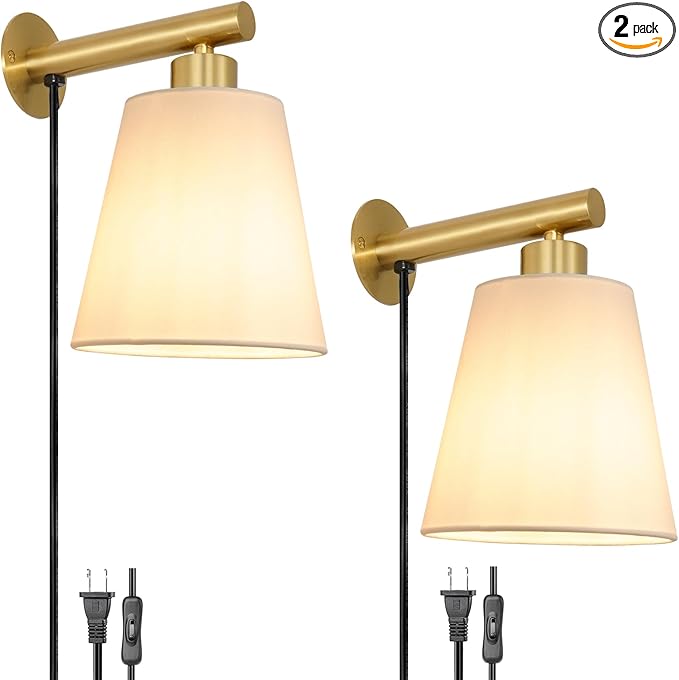 Gold Plug-in Wall Sconces Set of 2, Bedside Lamps by oiYio