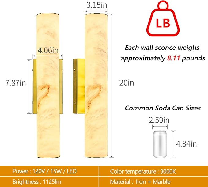 LMQNINE Natural Alabaster Wall Sconces Spanish Marble Wall Light Cylinder - Image 3