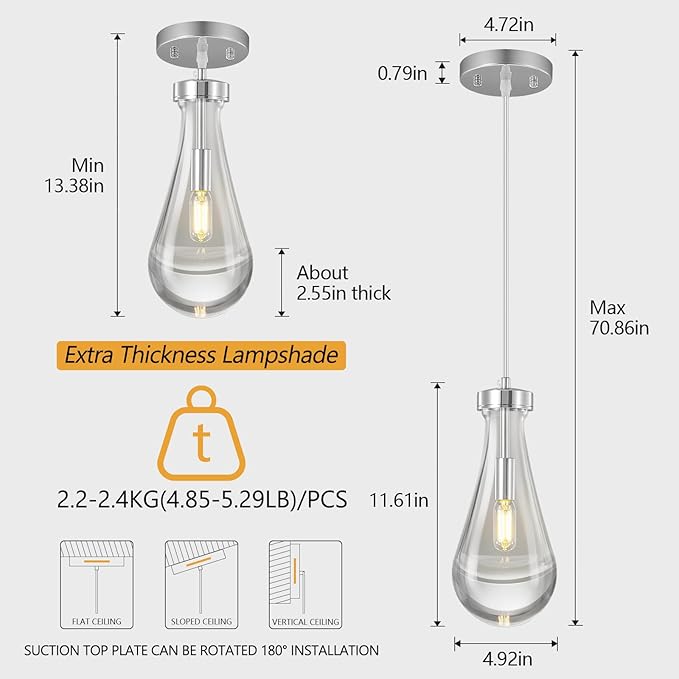 Raindrop Pendant Lights Kitchen Island Set of 2 Teardrop Chrome Hanging Light - Image 2