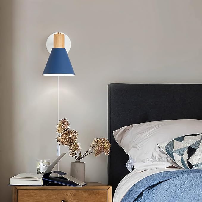 Plug in Wall Sconces Lighting Fixture Pack of 2, Wooden Adjustable Bedside Wall - Image 5