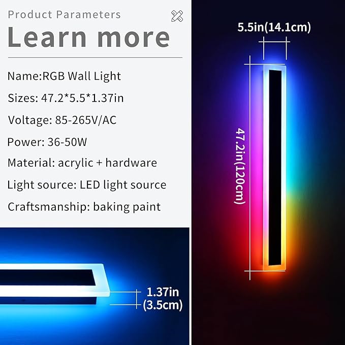 Widened 2 Pack Modern RGB Outdoor Wall Lights, 47.2inch 10 Colors Dimmable LED - Image 2