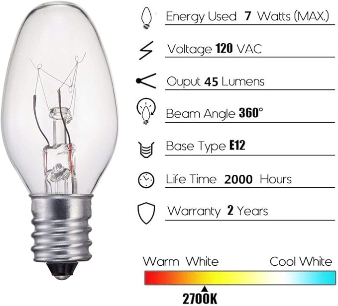 7 Watt Night Light Bulbs and Salt Lamps Replacement Bulbs, C7/7 Watt/120 V/45 - Image 2