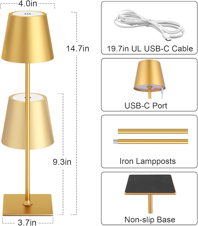 Kakanuo Gold Cordless Rechargeable Table Lamp 5000mAh Battery Operated Lamps - Image 5