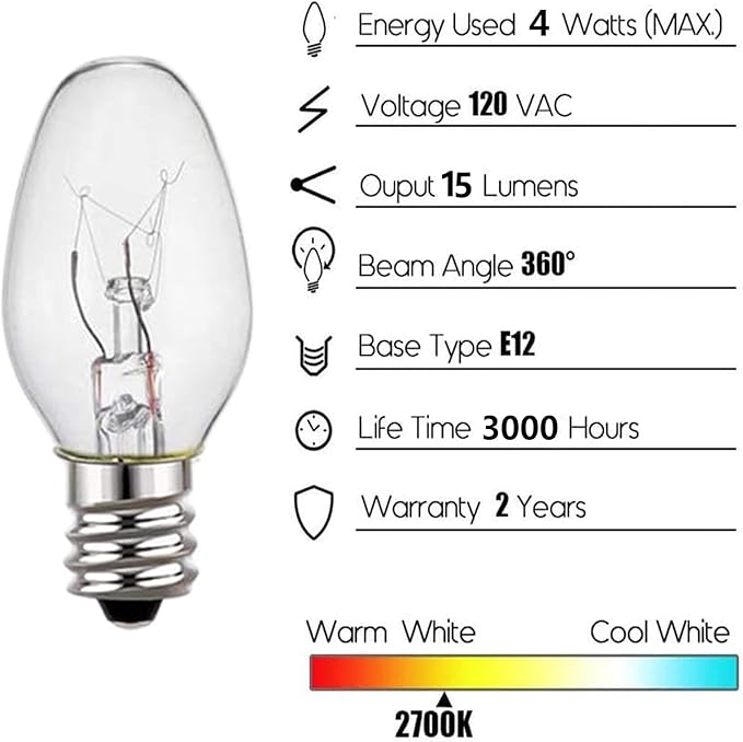 C7 Night Light Bulb 4 Watt, E12 Candelabra Base, 15 Lumens, Small Light Bulb - Image 2