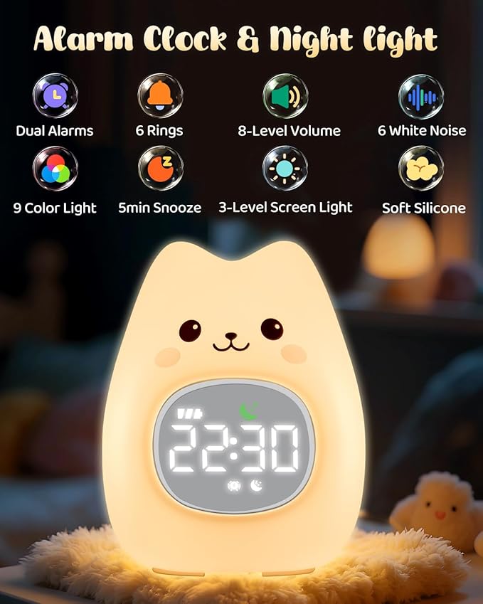 Cat Alarm Clock for Kids with Night Light, Sleep Training Clock Time to Wake - Image 2