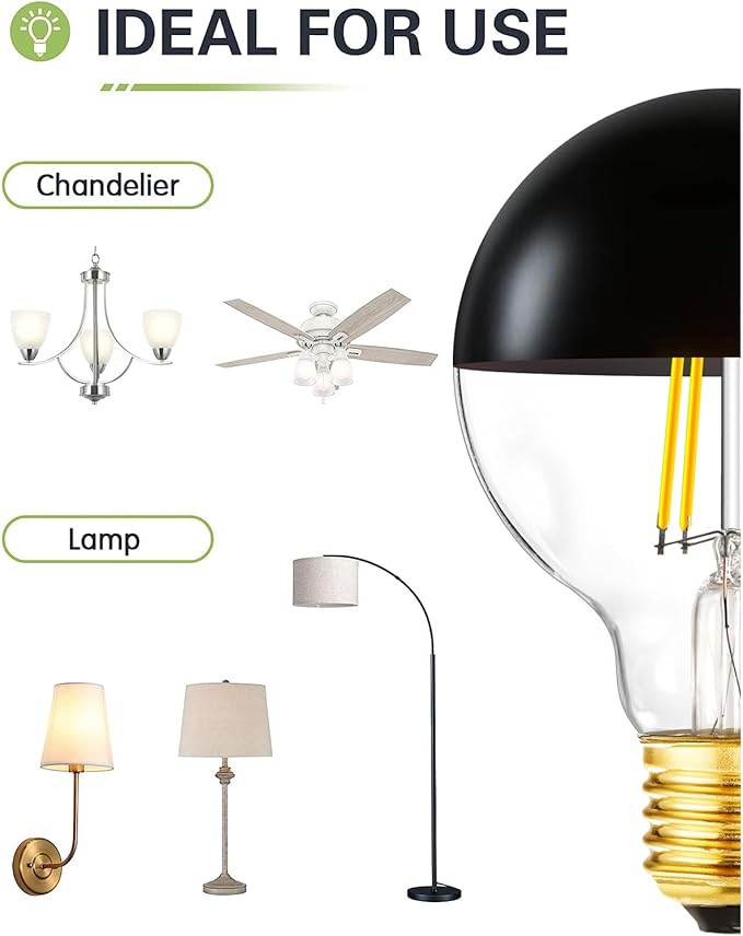 Leools Half Black LED Light Bulbs, Dimmable 6W Edison Bulbs, 4000K Daylight - Image 4
