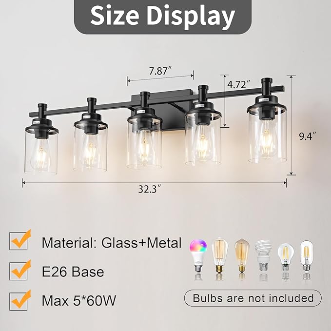 5-Light Black Bathroom Vanity Light, Modern Lighting Fixture - Image 3