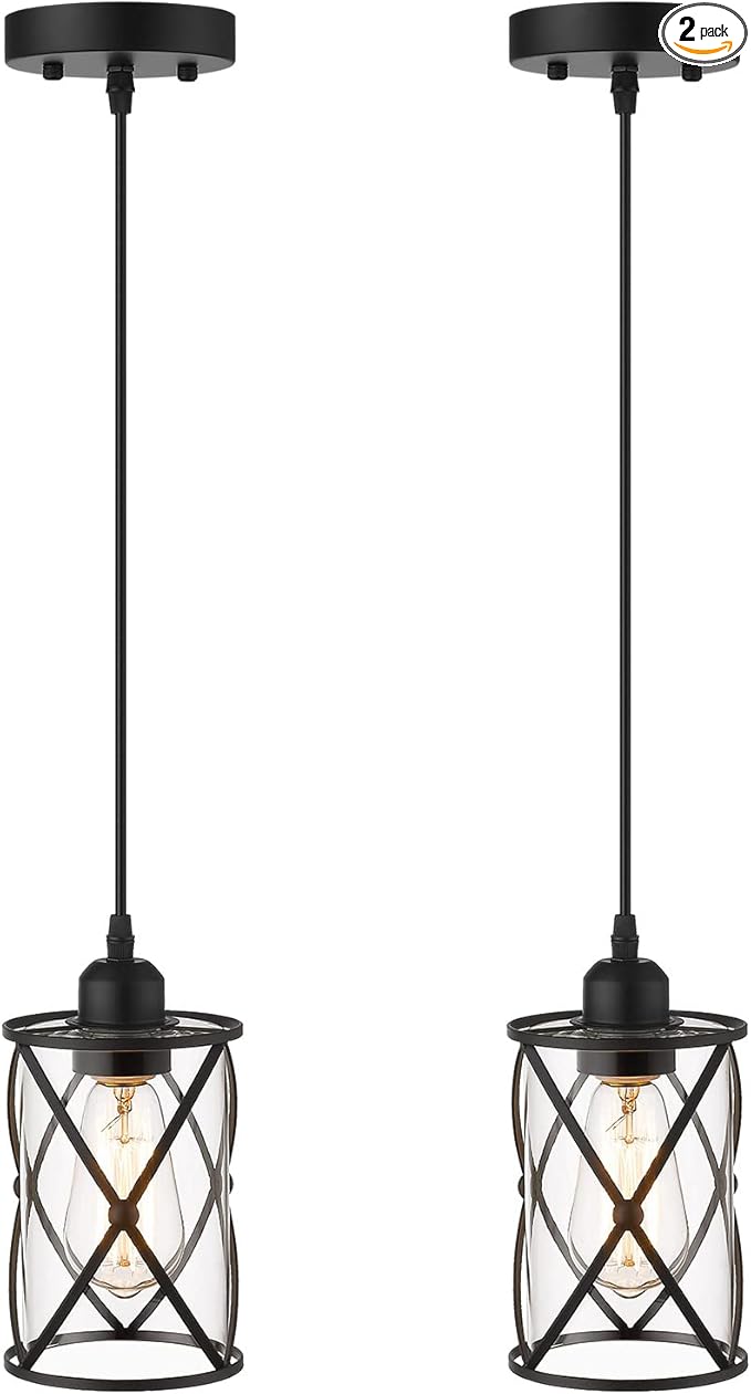 Glass Pendant Lights Kitchen Island 2 Pack, Farmhouse Industrial Cage Hanging by Osimir