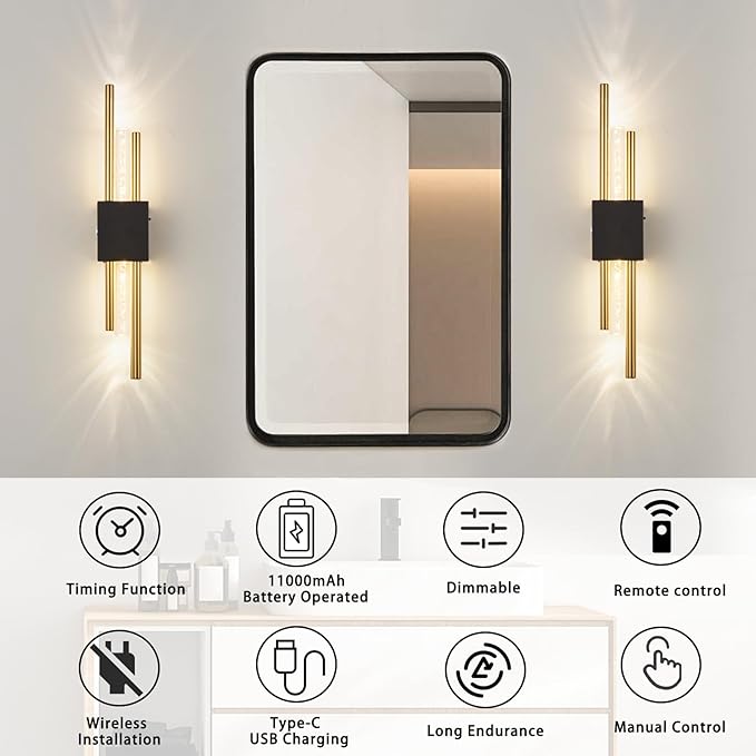 Battery Operated Wall Sconces Set of Two, Rechargeble Modern Crystal Bathroom - Image 2