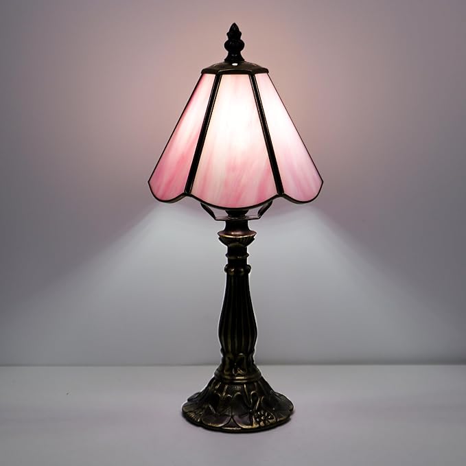 Small Tiffany Table Lamp Pink Stained Glass Desk Lamps 6X6X14 Inch Bronze Resin - Image 9