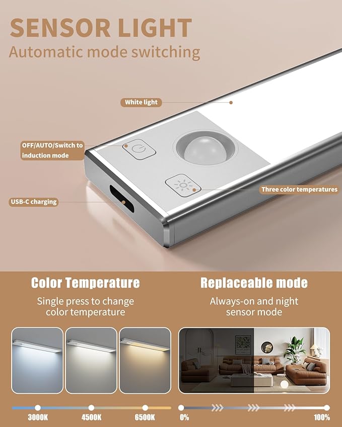 Under Cabinet Lighting 8 inch Rechargeable Battery Operated Motion Sensor Light - Image 4