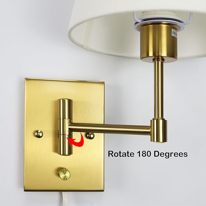 SAMTEEN Gold Plug-in Wall Sconces Set of Two Beige Shade Brass Swing Arm Wall - Image 5