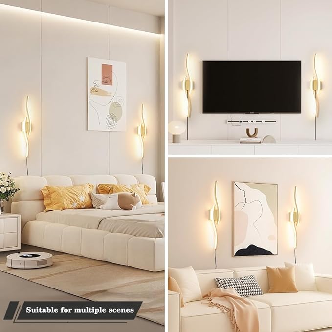 Modern Gold Plug in Wall Sconce Set of 2, Indoor Dimmable Light Fixture - Image 4