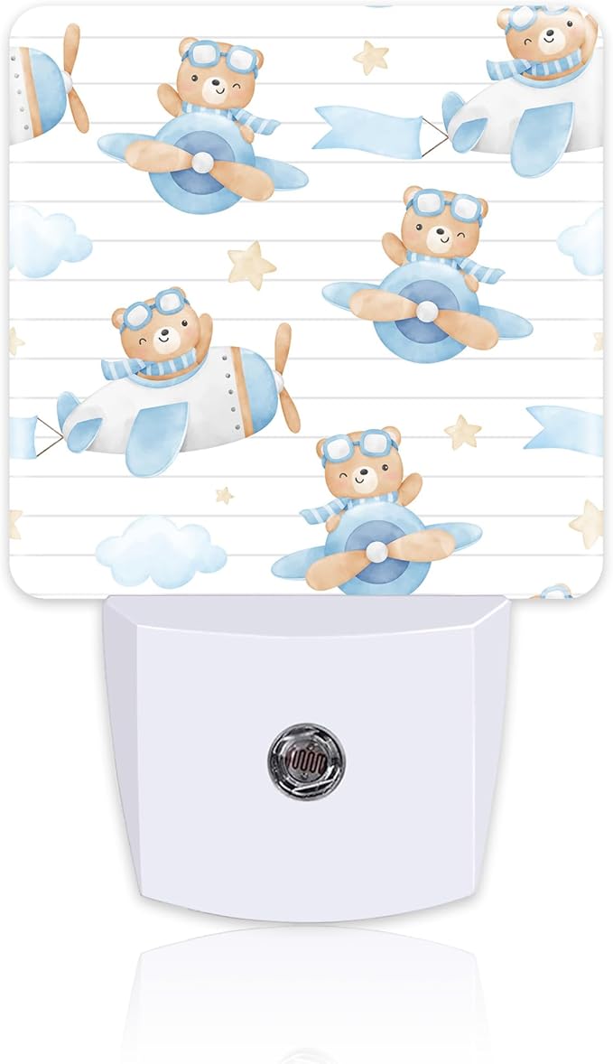 Cute Adventure Bear in Airplane Night Light, Cartoon Animal Dusk to Dawn Night by sndheke