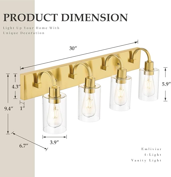 Emliviar 30 Inch Gold Vanity Light, 4-Light Bathroom Light Fixtures - Image 5