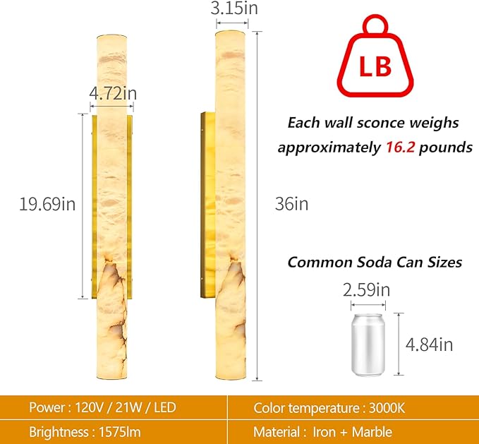 LMQNINE Natural Alabaster Wall Sconces Spanish Marble Wall Light Cylinder - Image 3