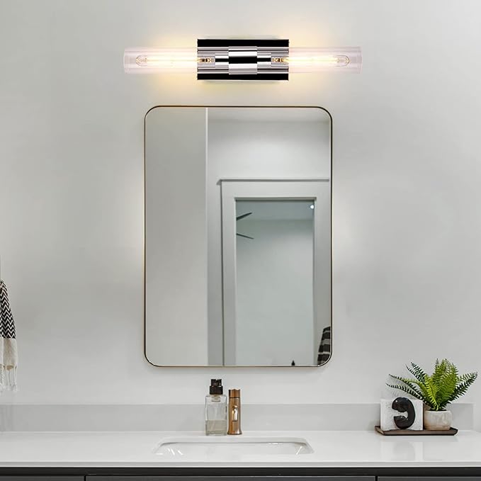 Bathroom Vanity Light Fixtures, Glass Tube Wall Sconces, Brushed Brass Base - Image 7