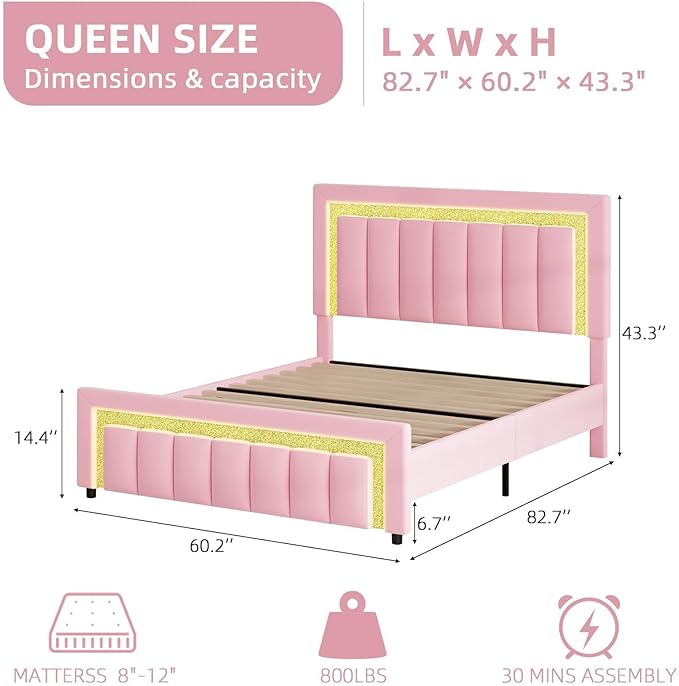 HOMBCK Queen Bed Frame with Velvet Upholstered Headboard and LED Lights - Image 2