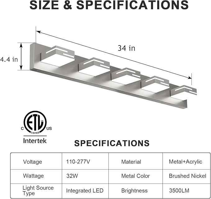 LED Modern Bathroom Vanity Light Fixtures, 5-Light 34-inch Dimmable Brushed - Image 3