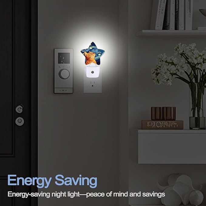 Starry Night Cat Night Lights Plug Into Wall, Abstract Oil Painting Star Night - Image 5