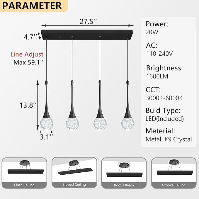4-Lights Modern Pendant Lights for Kitchen Island LED Dimmable Crystal Glam - Image 2