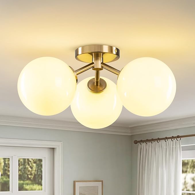 Green Semi Flush Mount Ceiling Light Fixture, 3 Light Opal Glass Globe Mid - Image 2