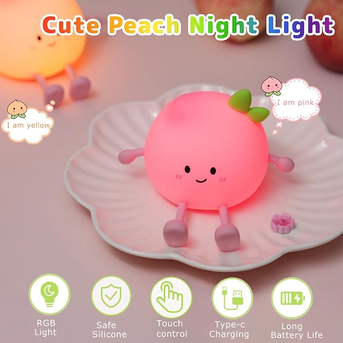 Night Light for Kids, Cute Peach Soft Silicone Nursery Light - Image 6