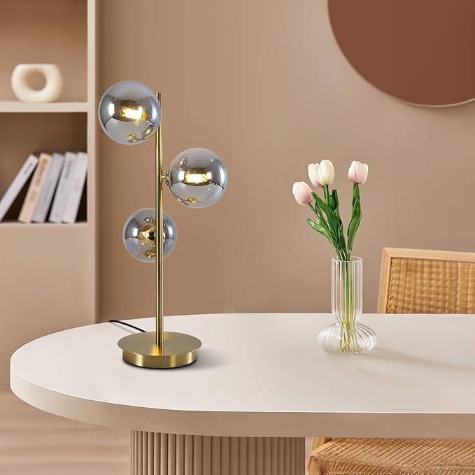 Mid Century Globe Table Lamp, Modern 3 Lights Gold Brass Desk Lamp, - Image 4