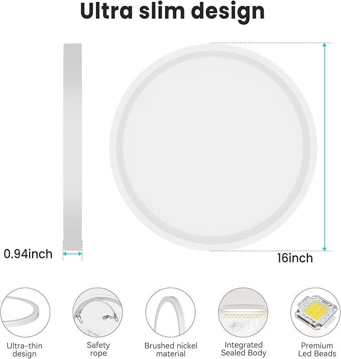 libtit 16Inch Flush Mount LED Ceiling Light Fixture, 3000K 4000K 6500K - Image 5