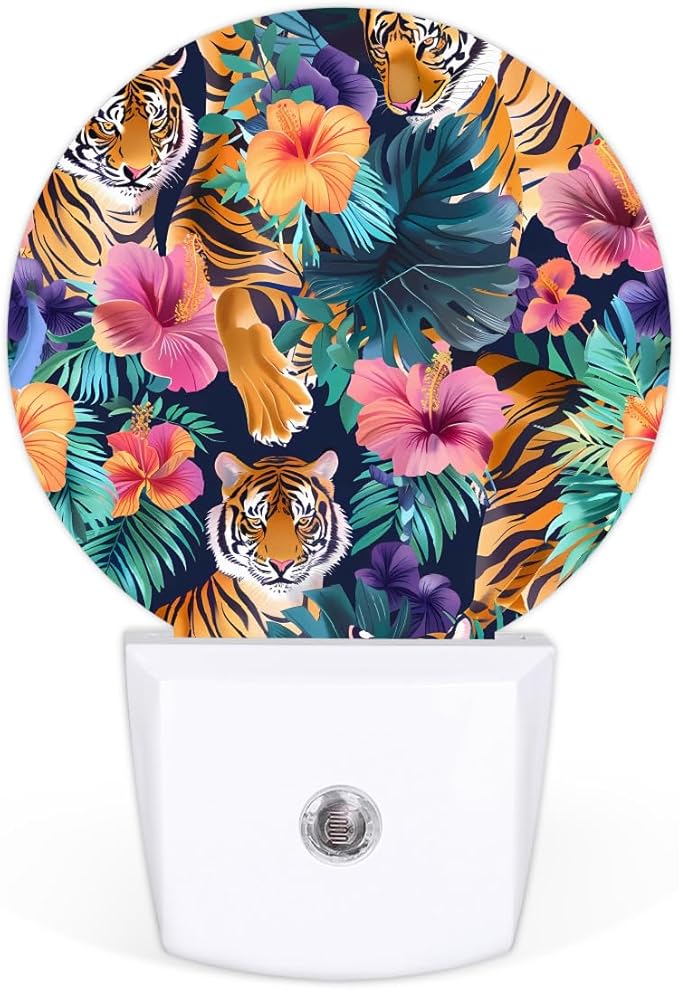 Round Night Lights Tropical Flower Animal Tiger LED Nightlight Plug in Dust to - Image 2