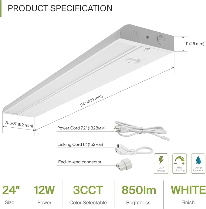 ASD Swivel LED Under Cabinet Lighting, 24 Inch 12W, Hardwired or Plug-in - Image 2