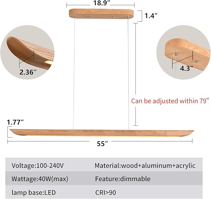 55" Wood Linear Pendant Light, Dimmable Kitchen Island Light - Image 2