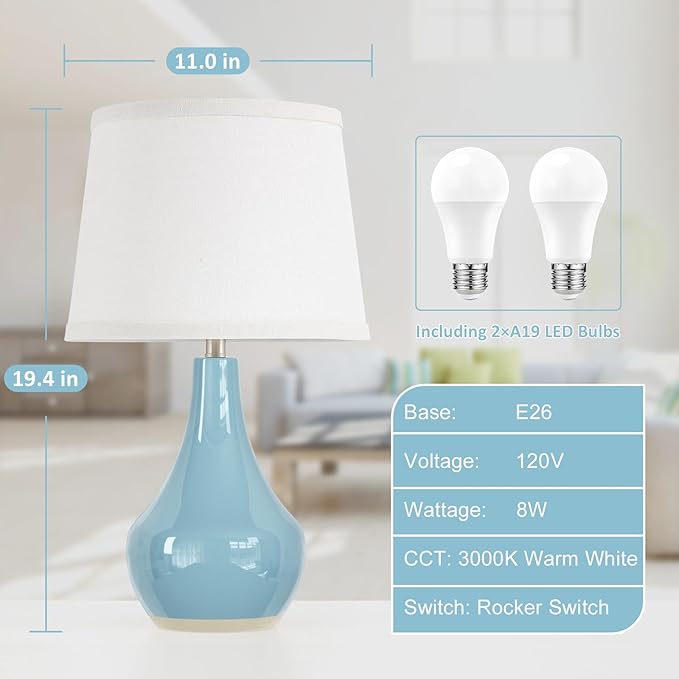 Seealle 19.4" Modern Sky Blue Table Lamp Set of 2-Bedside Lamps - Image 6
