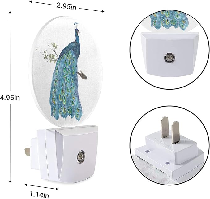 EKOBLA Peacock on Tree Branch Night Light Watercolor Peacock Feather Teal - Image 6