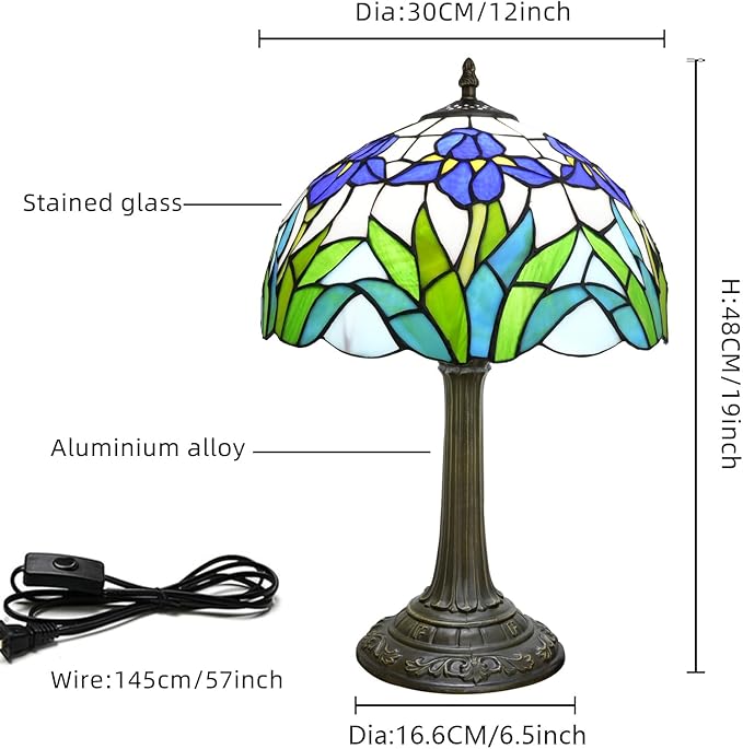 Tiffany Lamp Rural Style Green Blue Iris Flower Stained Glass Lamps Reading - Image 3